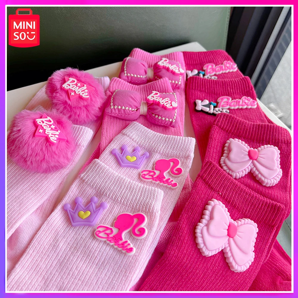 

2024 Miniso Barbie Pink Winter Hairball Bow 3D Filled Cotton Knitted Socks Colorful Mid-Calf Socks Kawaii Girls Christmas Gifts