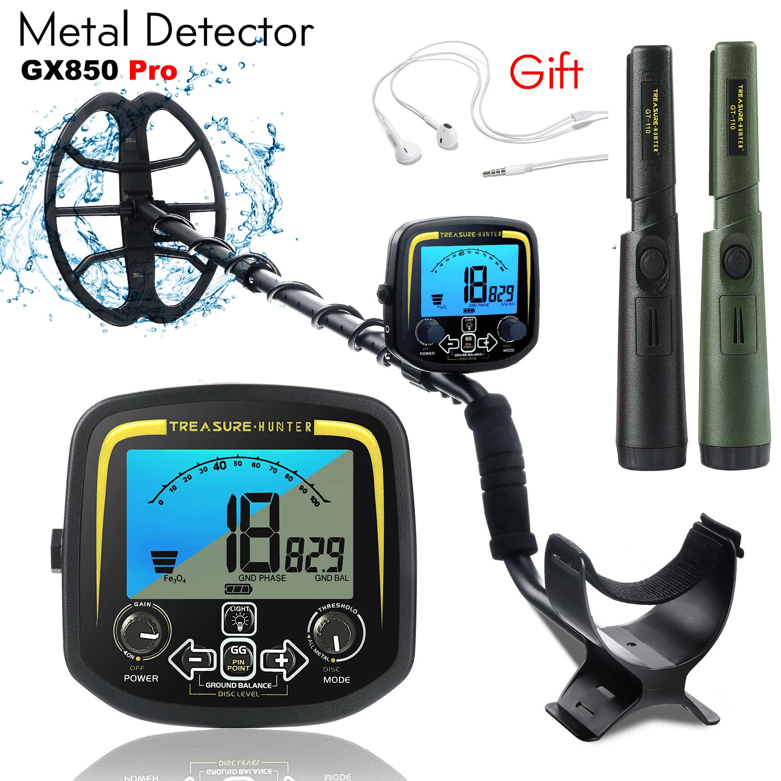 GX850 Underground Metal Detector Pinpoint Positioning IP68 Waterproof Coil Portable Gold Finder Detector for Treasure Search