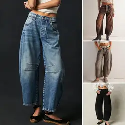 Women Jeans Denim Loose Straight Wide Leg Mid Waist Gradient Color Hip Hop Retro Ankle Length Pockets Soft Breathable Lady Long