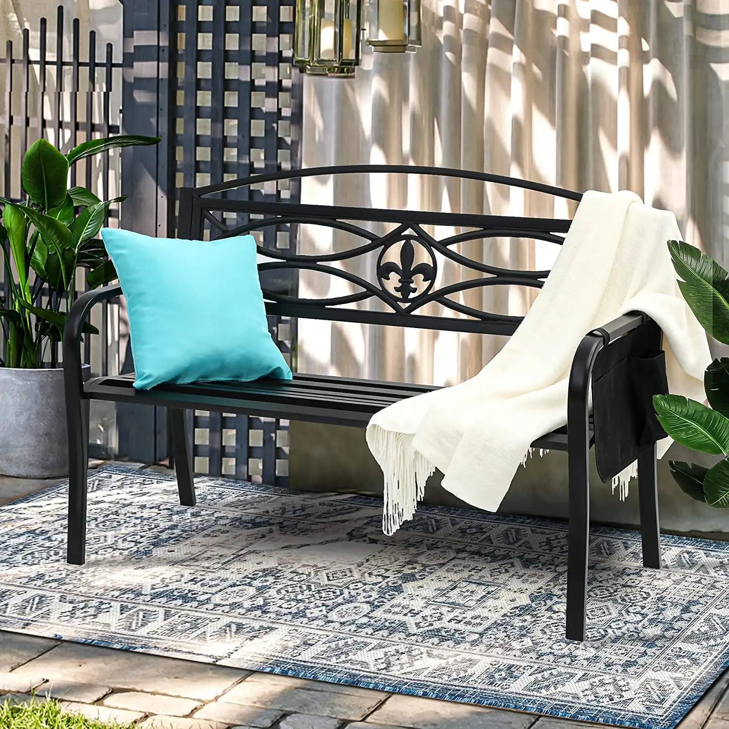 

Dextrus Outdoor Bench 50" Metal Bench with Cloth Storage Bag Spear Pattern Patio Bench with Backrest and Armrest