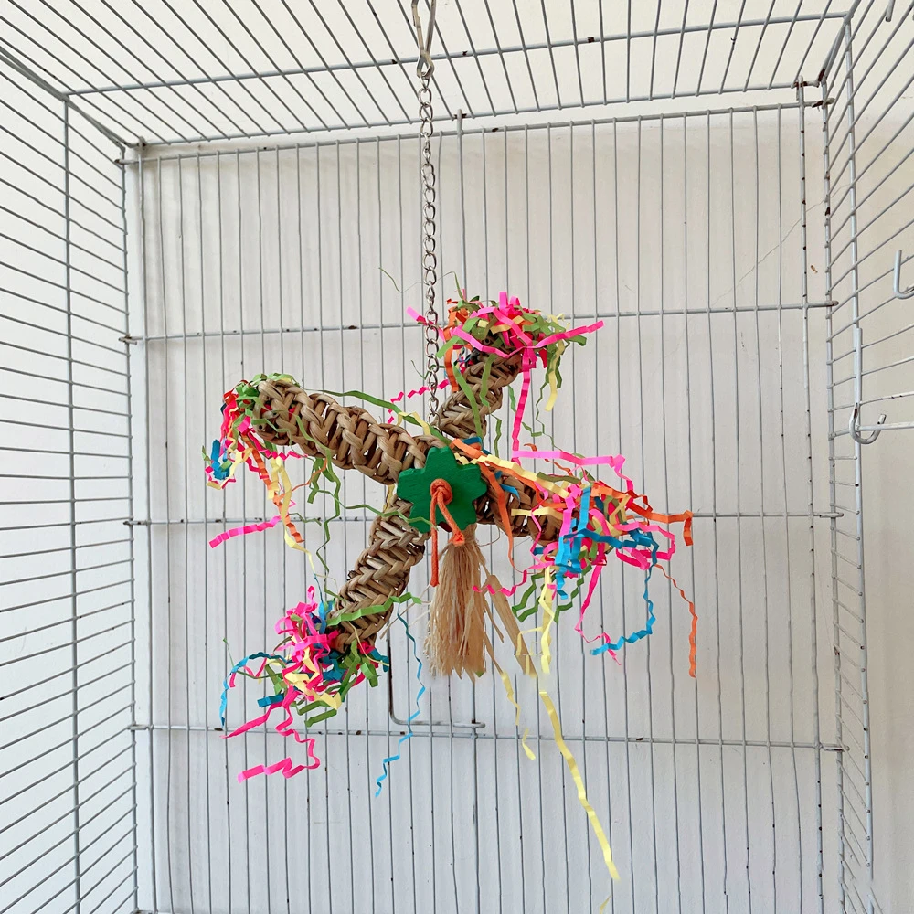 1pc Random Color Rattan Parrot Windmill Chew Toys Hanging Swing Shredder Toys Bird Cage Bite Accessories for Macaws Pet Supplies parrot toy,bird toy,bird cage accessories