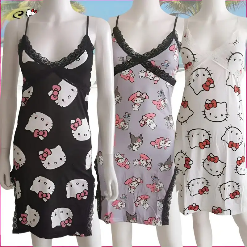 

Ночная рубашка Hello Kitty, женские ночные рубашки с мультяшным принтом, летняя женская ночная рубашка, пижама Sanrio, Повседневная Удобная домашняя одежда