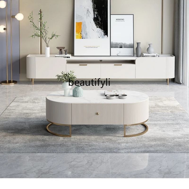 

Light Luxury Stone Plate TV Cabinet and Tea Table Combination Hong Kong Style Living Room Modern Minimalist Italian TV Cabinet