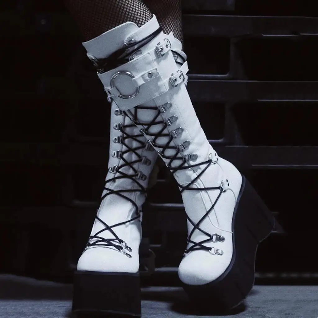 

New Gothic Thick Sole Wedge Women's Halloween Boots Metal Buckle Lace Up Decorated Back Zipper Women's Plus Size Knight Boots