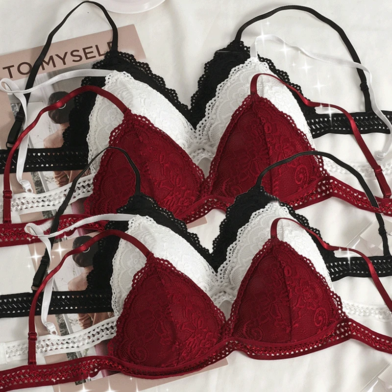 Women Sexy Lace Bra No Steel Ring Beauty Back Wrapped Chest Comfortable Deep V Brassiere Stretch Triangle Cup Padded Underwear