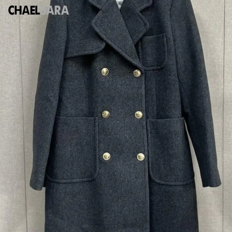 

Women's Double-Breasted Long Gray Wool Coat, Tweed Coat, New, Autumn, Winter, 2024