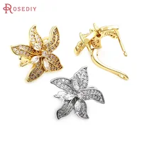 2PCS 18K Gold Color Brass and Zircon Flower with Stud Pin Earrings Hooks Women's Earrings High Quality Diy Jewelry Accessories
