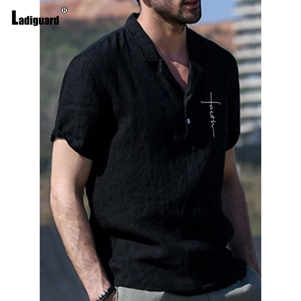 

Ladiguard Men Short Sleeve Casual Pullovers Sexy Mens clothing 2022 Single-breasted Tops Simple Model Letter Print Shirt Blouse