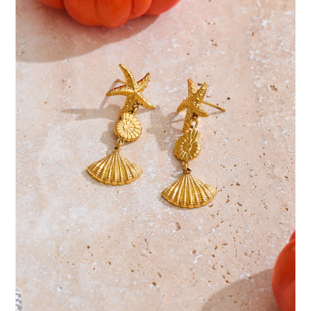Yhpup Ocean Style Stainless Steel Metal Conch Shell Starfish Drop Earrings