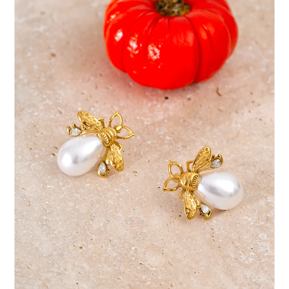 Yhpup Simulated Pearls Zircon Bee Stud Earrings Golden Stainless Steel