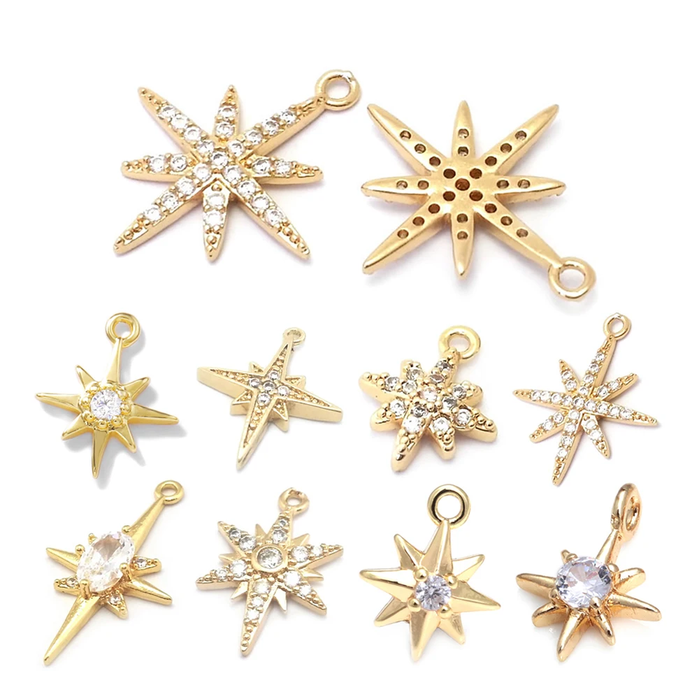 (39100)6pcs 24k Gold Color Brass And Zircon Star Charms Pendants High ...