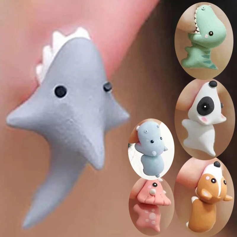 3D Animal Bite Earring Cartoon Animal Stud Earrings Sweet Solid Color Earrings Pig Dog Dinosaur Shark Earring Women Jewelry(Dog