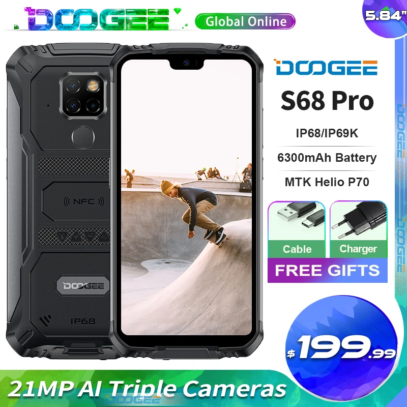 DOOGEE S68 Pro IP68 Waterproof Rugged Phone Wireless Charge NFC 6300mAh 5.9 inch FHD+ Helio P70 Octa Core 6GB 128GB Smart Phone xfinity mobile android phones