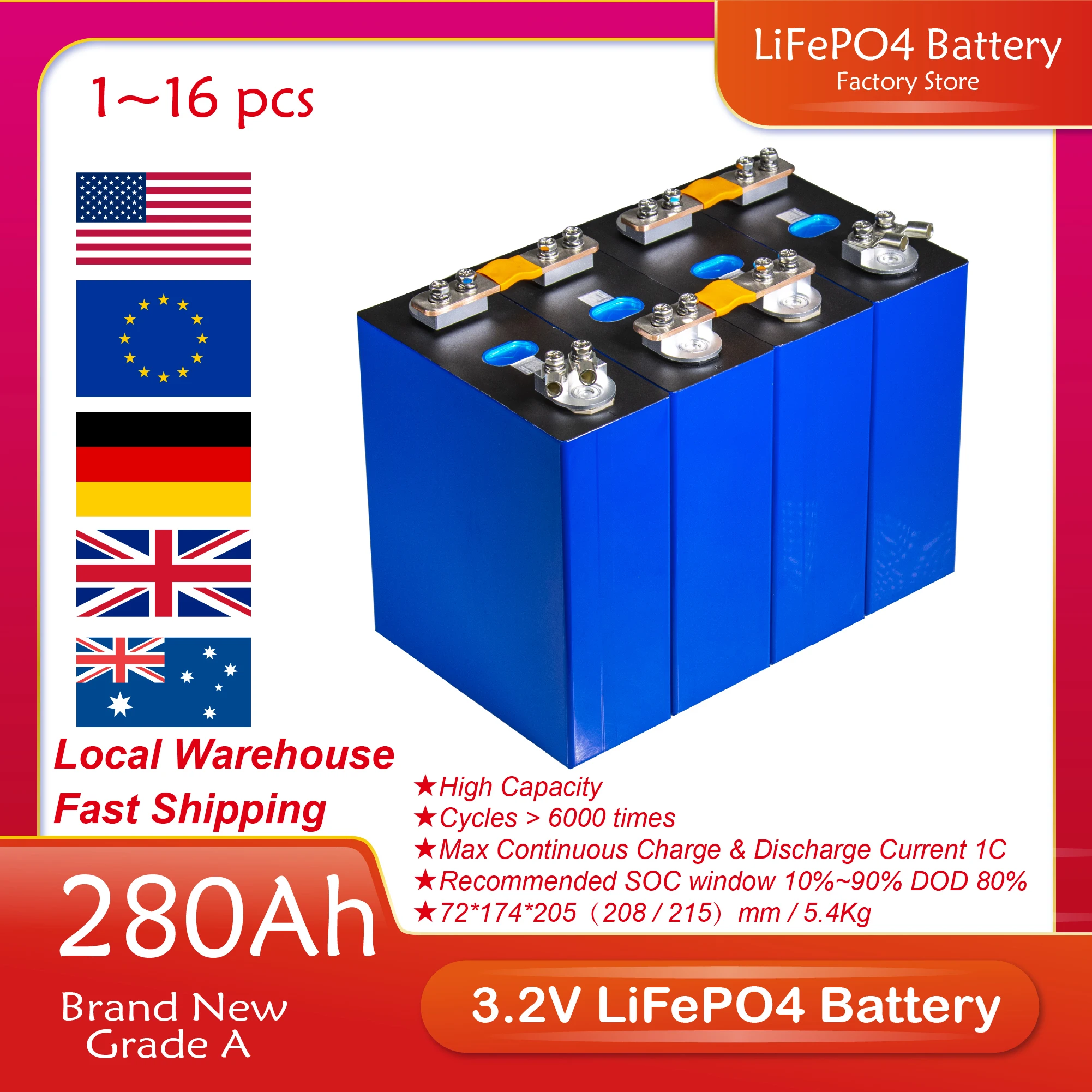 

3.2V 280AH 4PCS Rechargeable Battery LF280K 6000 Deep Cycles With Busbar DIY 24V 48V 12V Batteries Pack For Golf Cart Boats