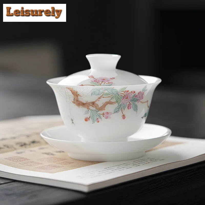 135ml White Jade Clay Gaiwan Ancient Hand-painted Flower Anti-scald Tea Tureen Tea Maker Cover Bowl Drinkware Supplies Ornaments