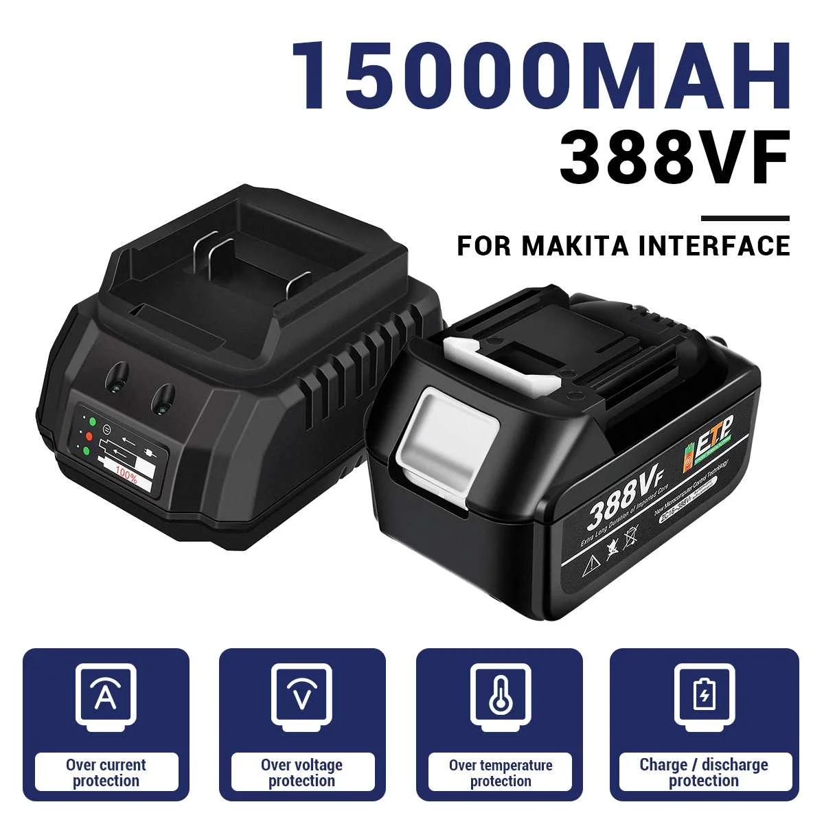 Drillpro 1 PC 388VF Rechargeable Battery for Makita Interface 15000mAh Lithium Battery for Electric Wrench Drill Saw Power Tools 3