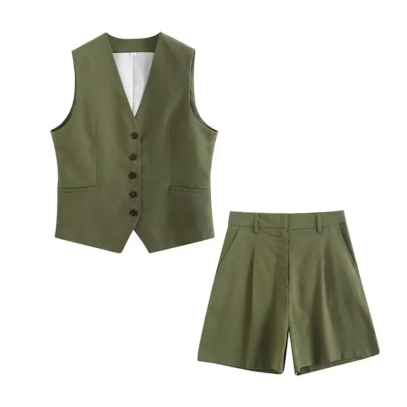 Retro Linen Office Lady Women Suits V Neck Vest Blazer Commuter Wide Leg Shorts Fashion 2024 Summer Vintage 2 Piece work clothes