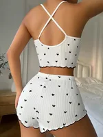 Sexy Heart Print Pajama Set for Women Sleepwear Silk Stain V-Neck Sleeveless Casual Cami Top and Shorts Sets Loungewear - Image 2