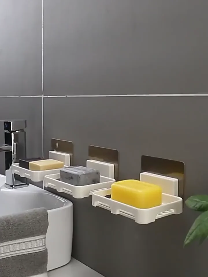 Creative Wall-mounted Soap Holder Box Drain Soap Dish Plastic Home Daily Self Adhesive Punch-free Bathroom Shelf Soap Box Bathroom Supplies