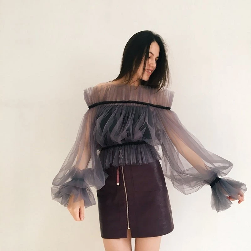 Custom Flare Sleeve Tulle Tops Long Sleeves Blouse Top Haut Femme New  Fashion Women Party Prom Formal Event Wear Top - Dresses - AliExpress