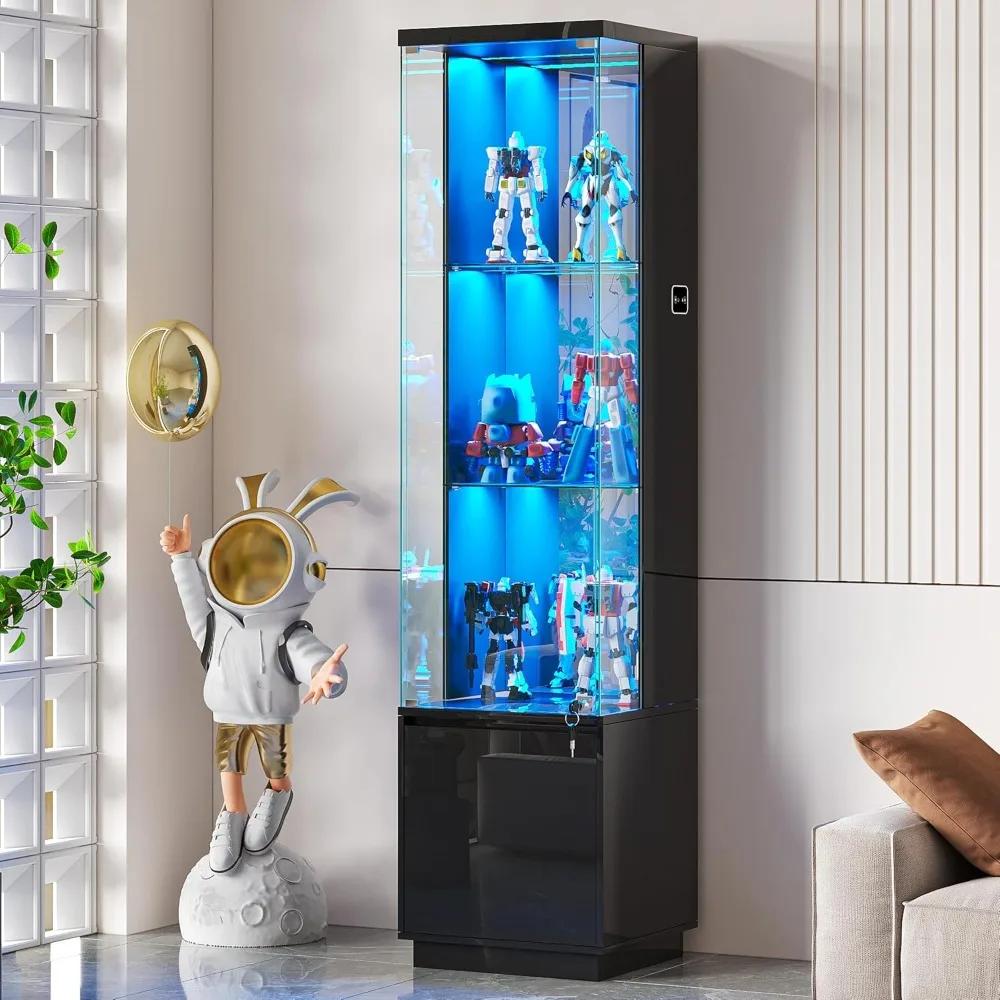 65" Lockable Glass Display Cabinet with 3 Color LED Lights & Motion Sensor, 3-Tier Curio Case for Collectibles