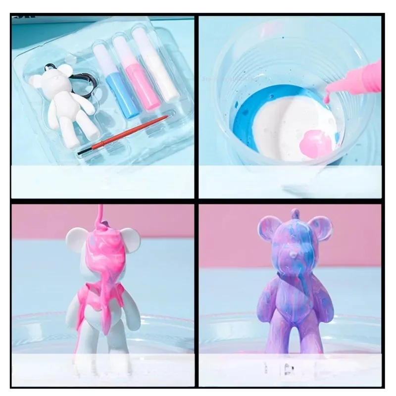 대형/소형 머리 곰 키 체인 아트 유체 페인트 상자 세트 DIY 어린이 수제 크리 에이 티브 장식 선물 유체 그림 안료