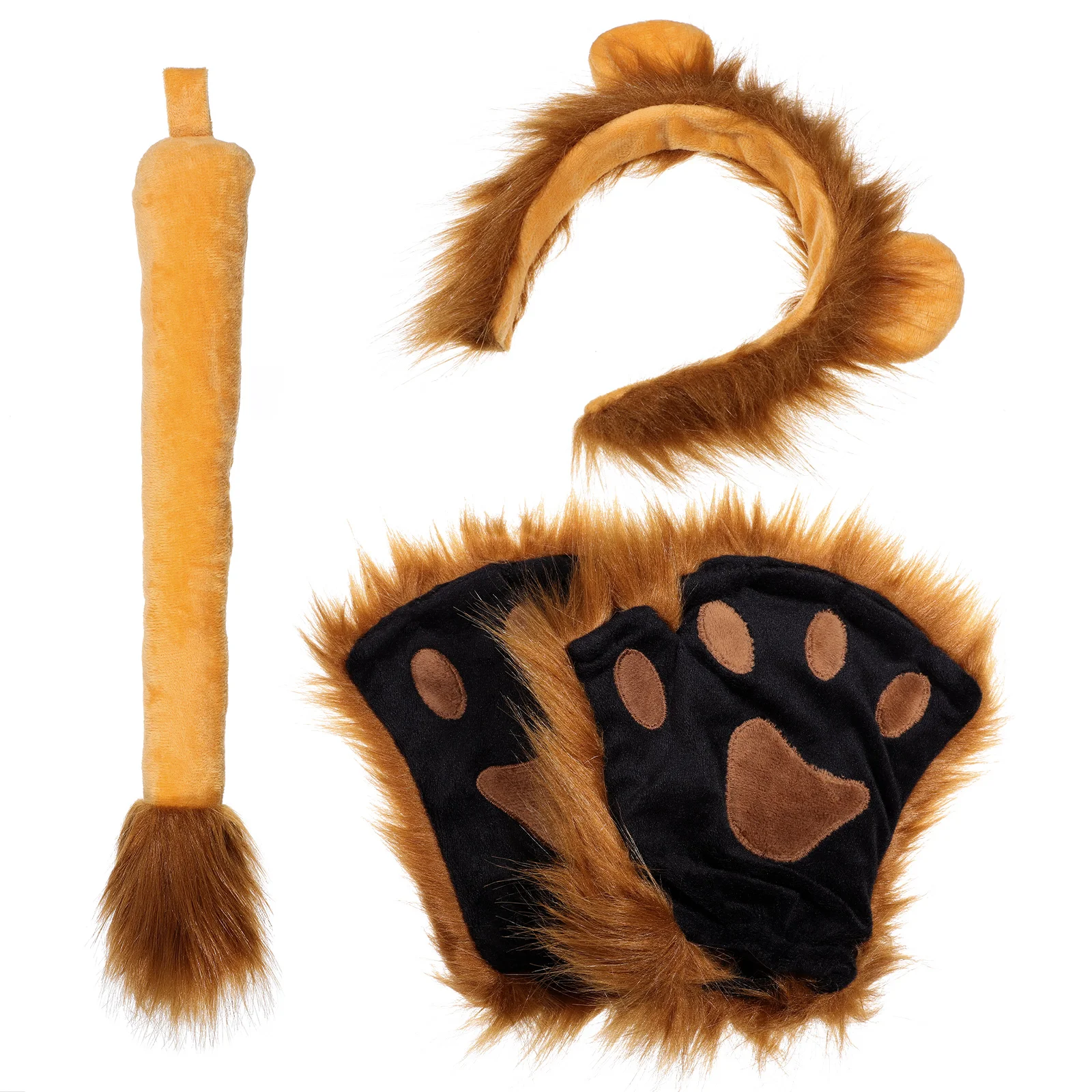 3Pcs Lion Ears Headband Fingerless Gloves Tail Set Halloween Costume Animal Cosplay Accessory Headwear Role Play Props