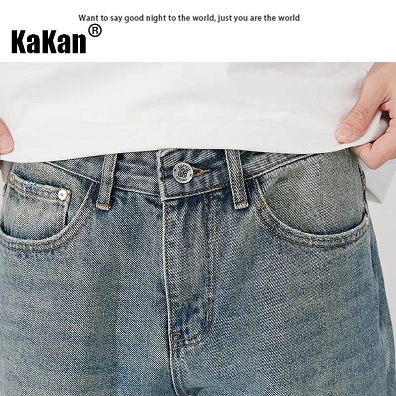 Kakan - New High Street Distressed Washed Old Jeans for Men, Trendy Hip Hop Loose Straight Length Jeans K24-ZLJLB0066