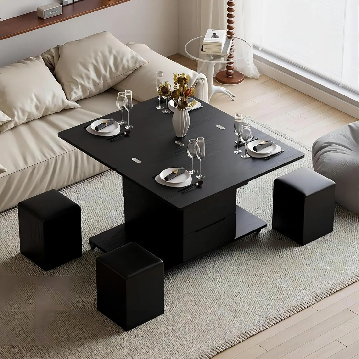 Coffee Table with Hidden Storage, Multifunctional 3-in-1 Modern Coffee Table with 4 Stools and Lockable Wheels (Black)