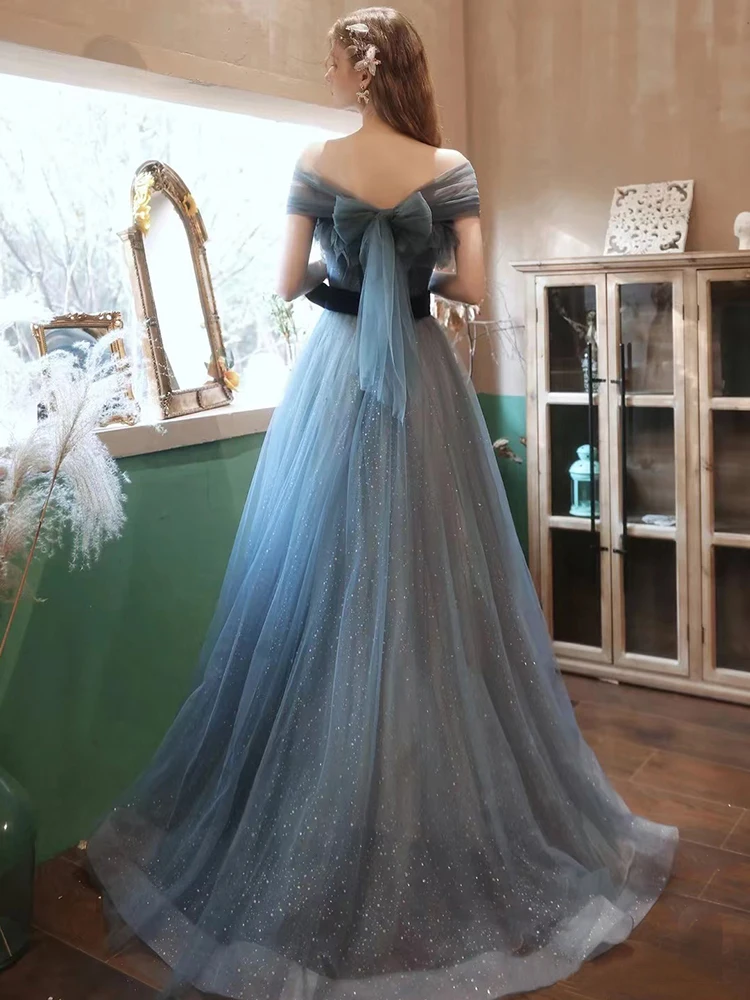 Greydish blue long sweat lady girl women princess bridesmaid banquet party prom dress gown