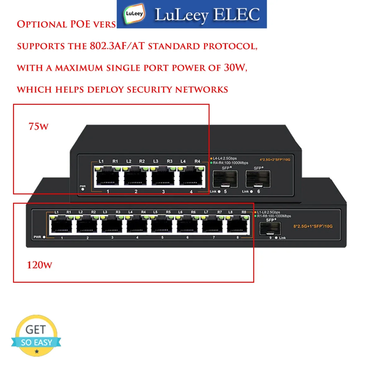 2.5G Ethernet Switch 4/8 Port 10M/100M/1000M/2.5G RJ45 10G SFP+ POE 30W Auto MDI/MDIX Plug and Play non management AC 100-240V