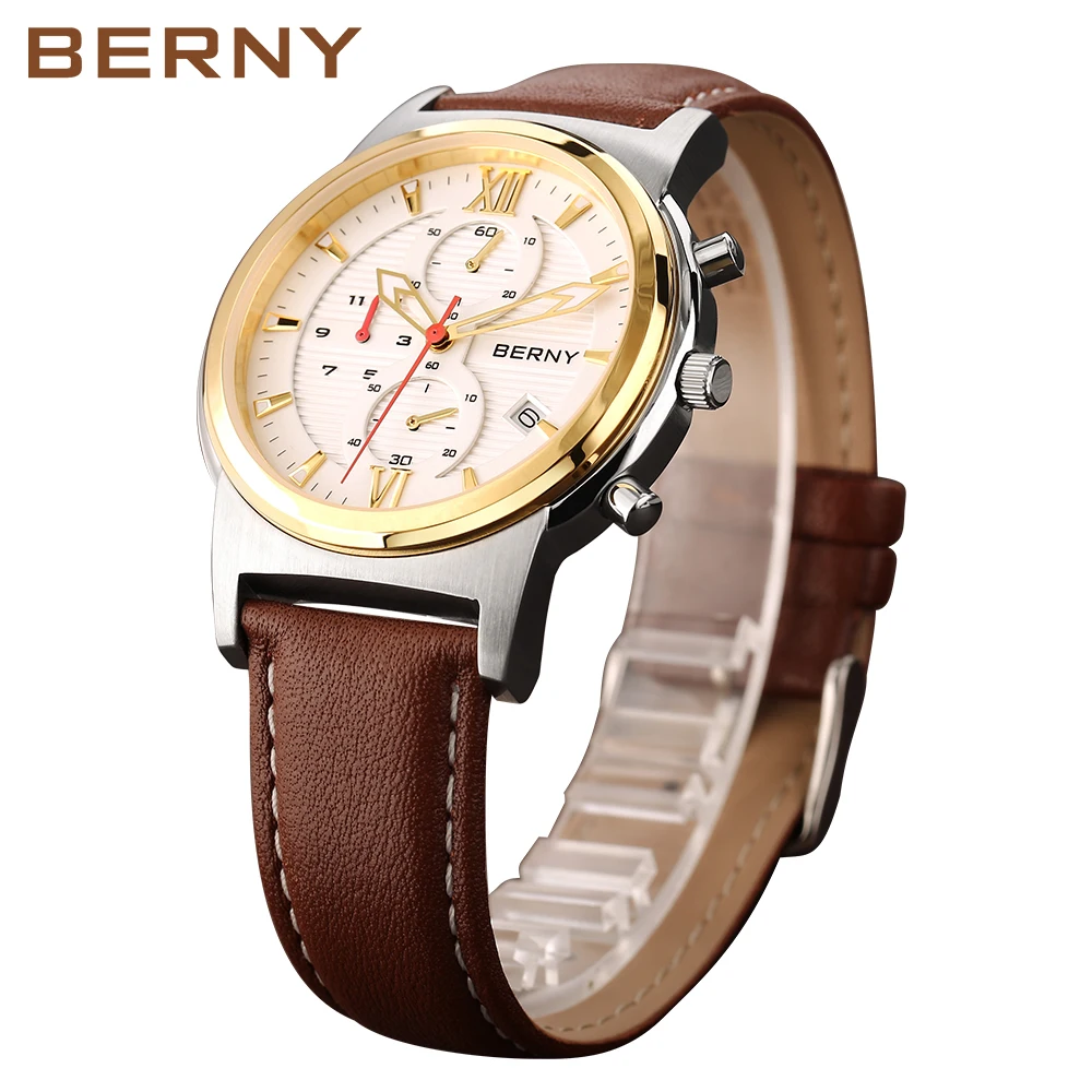 BERNY Men Quartz Watch Calendar Waterproof Leather Strap Male Clock Chronograph Luxury Sport Wristwatch Luminous Montre Homme 3