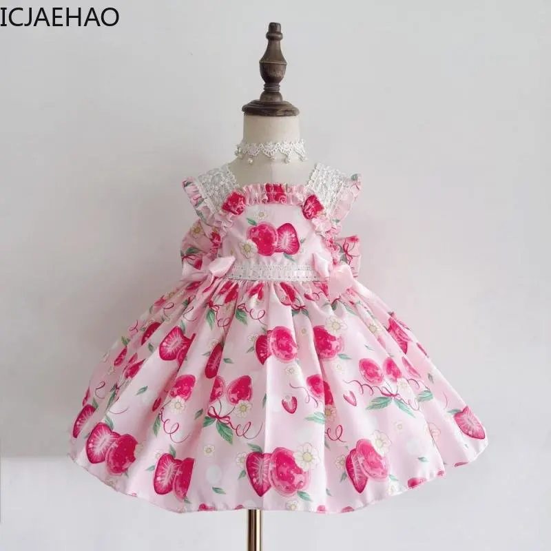 

2023 Kids Dresses for Girls New Floral Strawberry Printed Sundress Birthday Party Children Korean Clothing Kawaii Lace Dresses