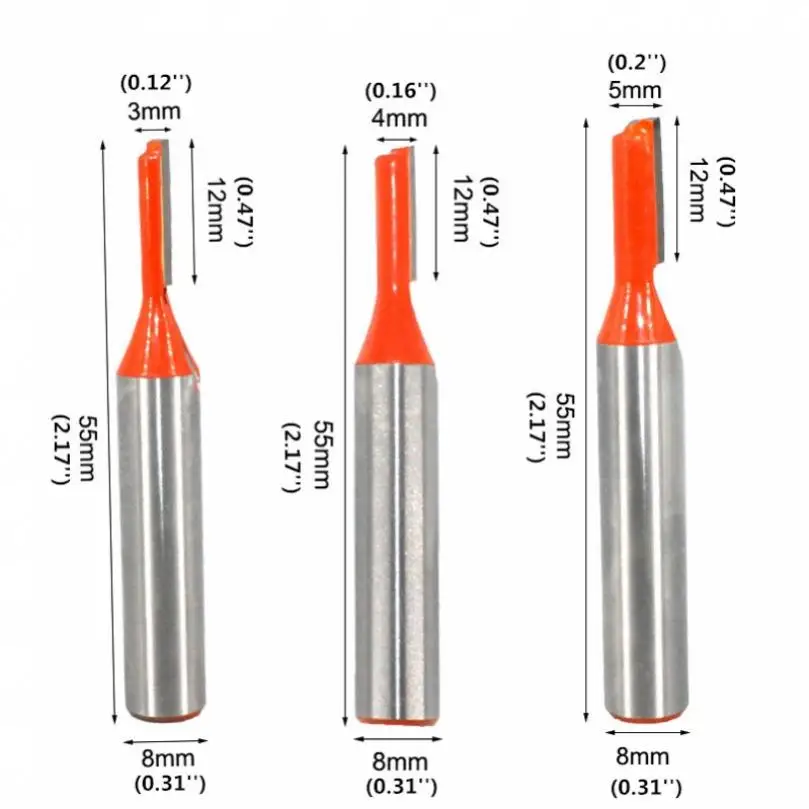 Carbide End Mill Wood Router Bits 3pcs/set 8mm Shank Carbide Alloy Straight Router Bits for Wood Working Tungsten Alloy Single Edged Straight Cutter Set