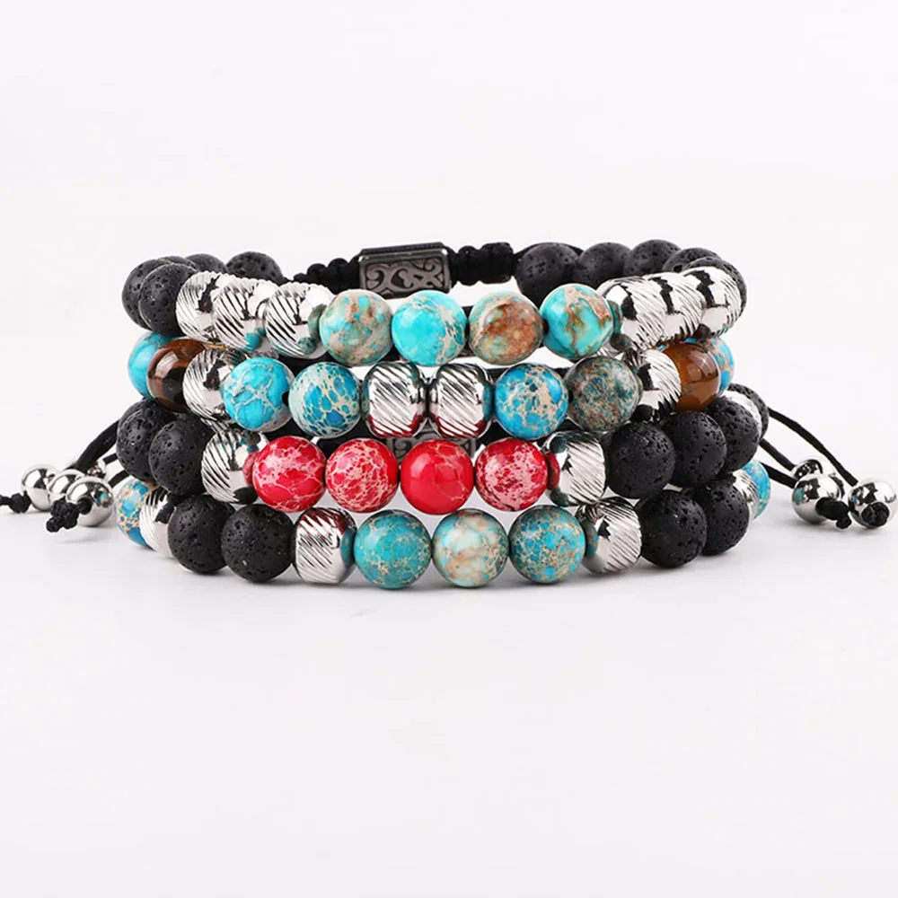Jaravvi Braccialetto Personalizzato In Macramè Con Perline In Acciaio Inossidabile Di Alta Qualità Lava Rock Blu Rosso Imperiale