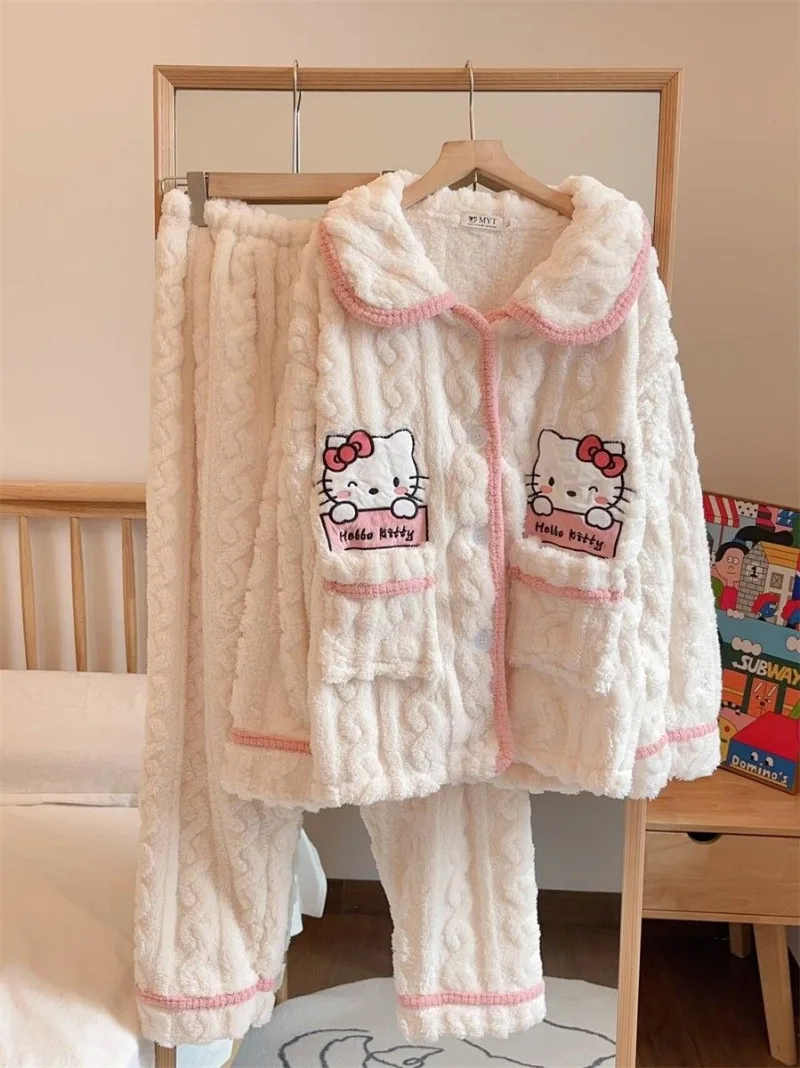 Hello Kitty Pajama Anime Coral Velvet Female Sweet Plus Velvet Thicken Keep Warm Loungewear Set