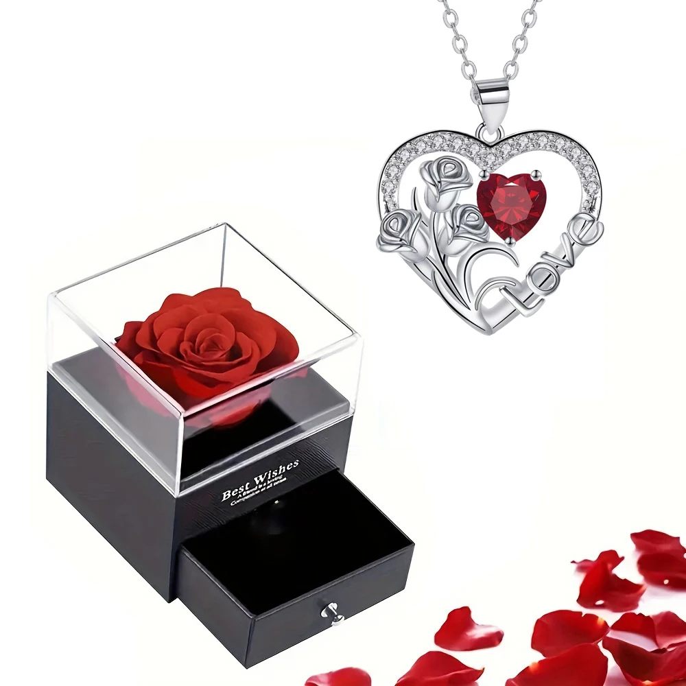 Exquisite Red Zircon Pendant Necklace in Rose Gift Box – Elegant I Love You Jewelry