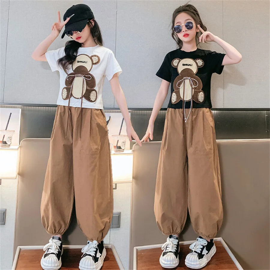 

Fashion Teenage 2023 Girls Clothes Sets Summer Kids Short Sleeve Shirts + Wide Leg Long Pants Children Clothing 8 10 12 14 Year