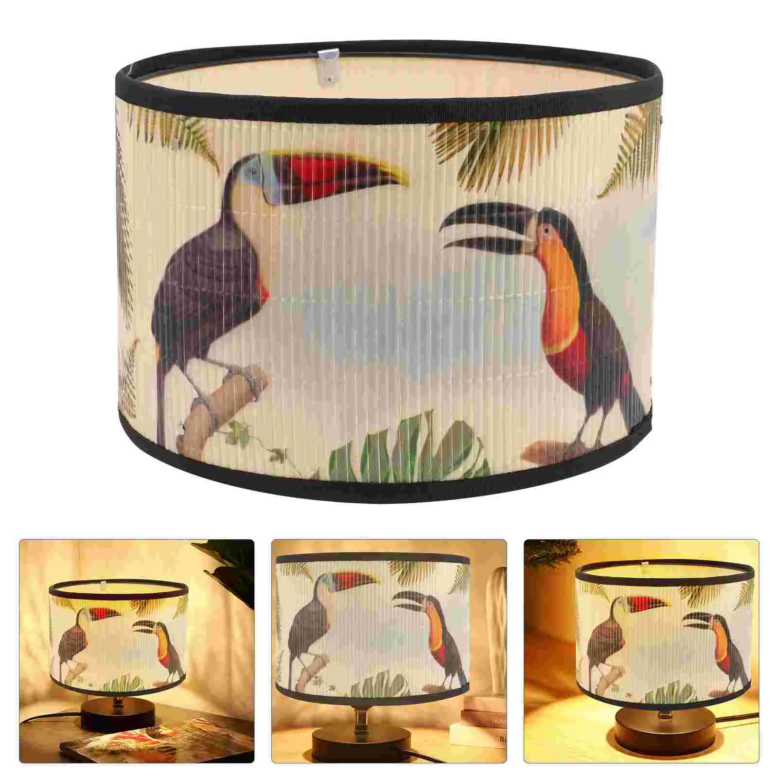 

Drum Retro Decor E27 Vintage Bamboo Lampshade Colorful Flower Bird Printed Chandelier Lamp Pattern Light Shade Accessories