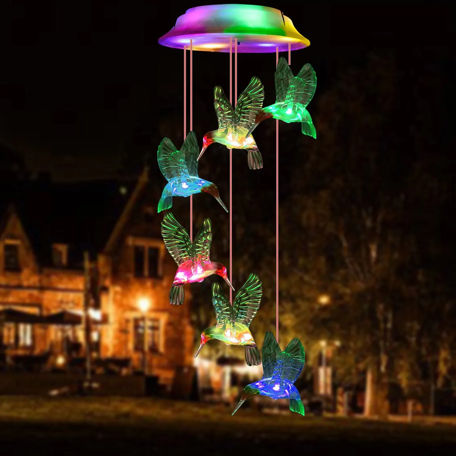 Outdoor Wind Chimes Solar Powered Waterproof and Color Changing Hummingbird for Garden Decoration Gifts