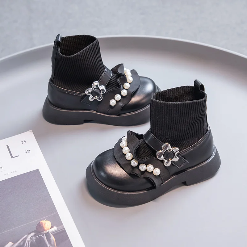 Kids Boots Girl Knit Ankle Patent Leather Boots Pearl Bowknot Child School Uniform Dress Thick Bottom Princess Toddler Boots