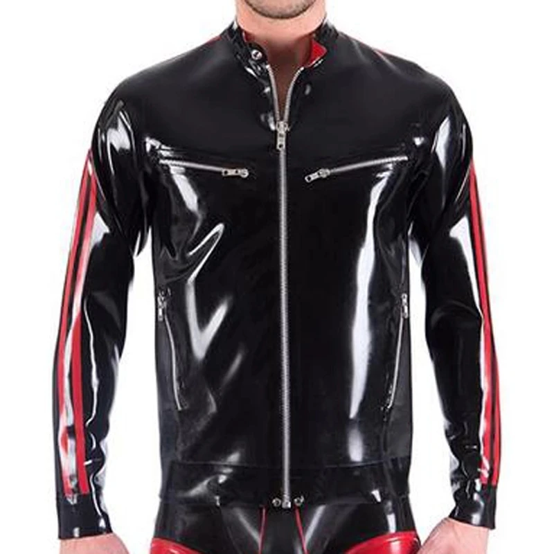 

Sexy Latex Jacket Coat Black with Red with Front Zip 2 Breast Zip 2 Red Stripes Halloween Cosplay Costume for Men