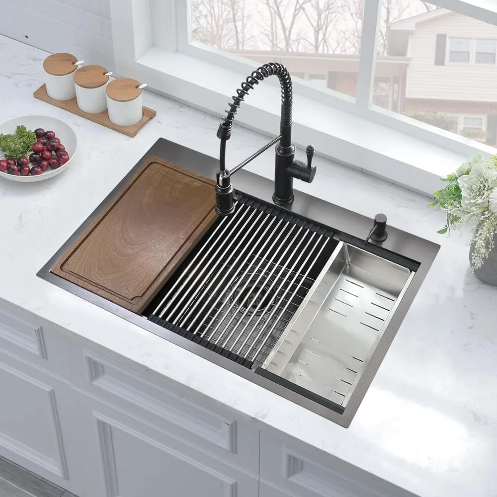 33 Inch Drop in Kitchen Sink, 16 Gauge Black Stainless Steel Sink Workstation Deep Kitchen Sink, Single Bowl Kitchen Sink Basin 3