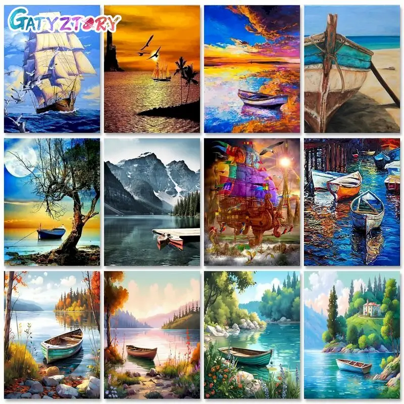 

GATYZTORY Modern Painting By Numbers Beach Boats Landscape Gift Handmade On Canvas Diy Set Home Decoration Gift Artwork