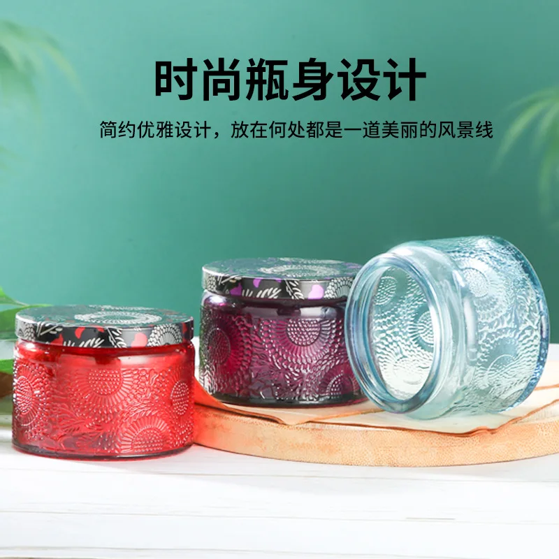 Nordic Household Embossed Glass Jar Candle Aromatherapy Storage Jar with Lid Storage Box Glass Handicraft Aromatherapy Bottle 4