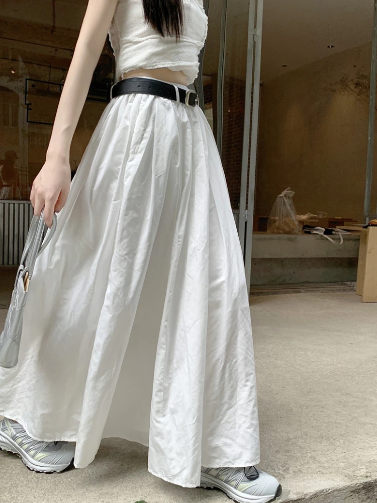 Qiukichonson Grey White Maxi Long Skirts Women 2023 Spring Summer Korean Style Cute Ladies High Waist A Line Pleated Skirts