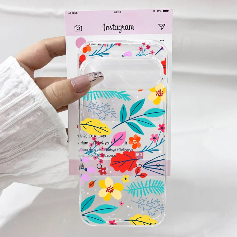 Retro Blue Leaf & Pink Rose Floral Clear Phone Case - Soft TPU Cover Shell