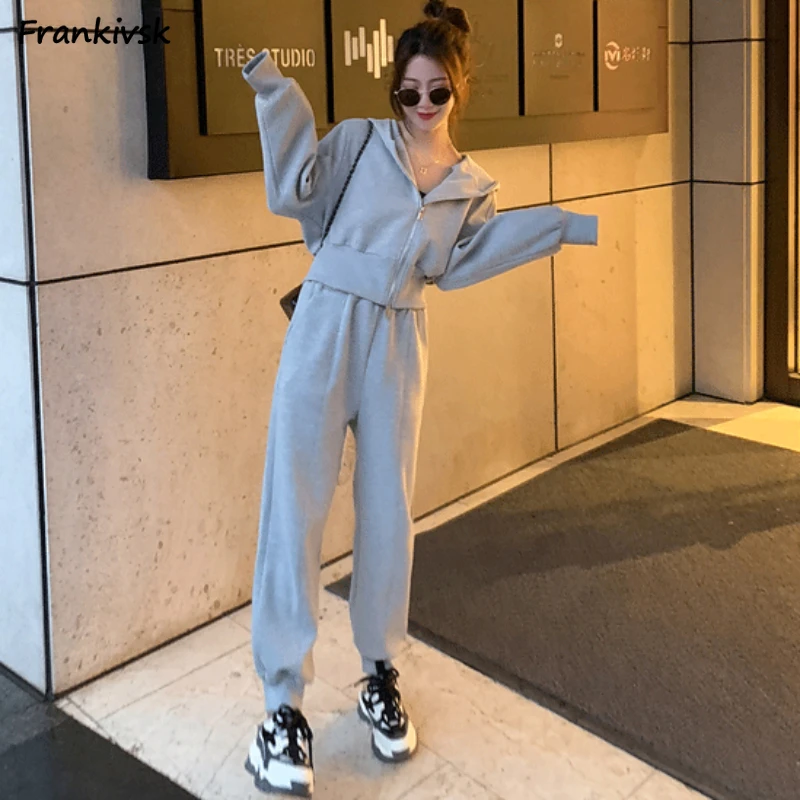 

Pant Sets Women Solid Zipper Hooded Jacket Bodybuilding Japanese Style Elastic Waist Ankle-tied Baggy Spring Autumn Retro Casual