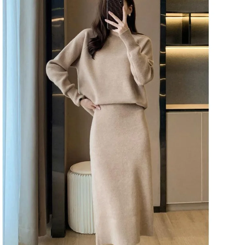 2023 Spring Autumn New Long Sleeve Round Neck Knitted Sweater Women's High Waist Slim Fit Split Half Dress Two Piece Set