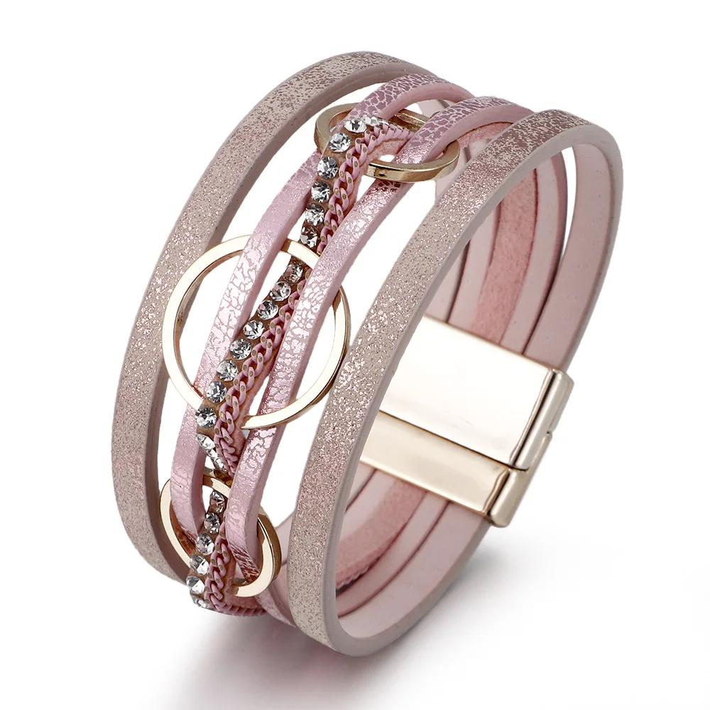 Bohemian Braided Leather Fashion Bracelet for Women Handmade Rhinestone Charm Wrap Bangle Jewelry